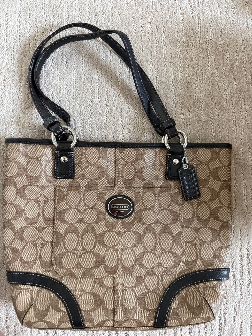 Coach Tan and Black Signature Canvas Tote